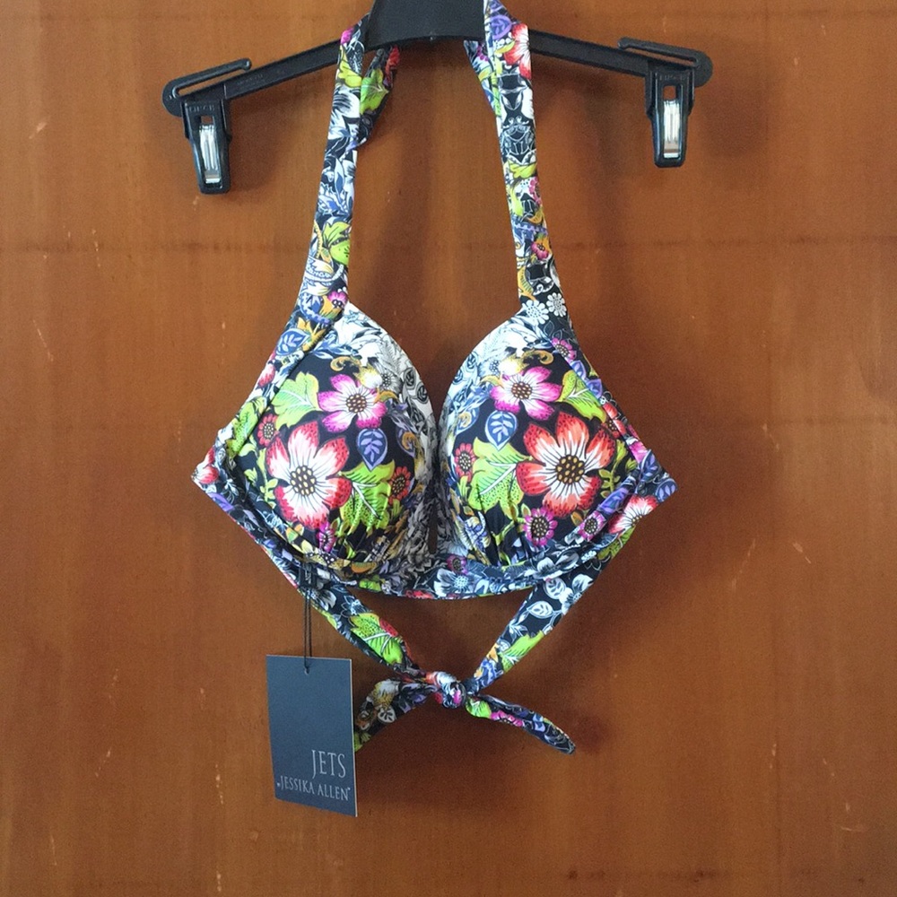 JETS multi-colored bikini top.